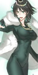 Rule 34 | 1girl, bad id, bad twitter id, breasts, coat, dore (gilles dore), dress, fubuki (one-punch man), fur coat, green dress, green eyes, jacket, jacket on shoulders, jewelry, necklace, one-punch man, short hair