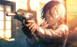 Rule 34 | 1boy, bespectacled, brick wall, brown gloves, building, closed mouth, collared shirt, colorful palette, double-parted bangs, finger on trigger, glasses, gloves, grey shirt, gun, hair between eyes, handgun, highres, holding, holding gun, holding weapon, holster, kamishiro rui, let&#039;s study hard! (project sekai), long bangs, long sleeves, looking ahead, male focus, multicolored hair, necktie, official art, outdoors, plaid, plaid shirt, project sekai, purple necktie, rectangular eyewear, semi-rimless eyewear, serious, shirt, short hair, shoulder holster, solo, streaked hair, sunlight, two-handed, two-handed handgun grip, under-rim eyewear, upper body, walther, walther p38, weapon, window