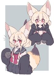 Rule 34 | 1girl, :d, absurdres, animal ears, black jacket, black sailor collar, black skirt, blonde hair, blush, bow, breasts, commentary request, cropped torso, double bun, drawstring, fox ears, fox girl, fox tail, grey background, hair between eyes, hair bun, highres, hood, hood down, jacket, large ears, long sleeves, megateru, multiple views, off shoulder, open clothes, open jacket, open mouth, original, pleated skirt, puffy long sleeves, puffy sleeves, red bow, red eyes, sailor collar, school uniform, serafuku, shirt, shrug (clothing), skirt, sleeves past fingers, sleeves past wrists, small breasts, smile, tail, two-tone background, white background, white shirt