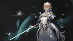 Rule 34 | 1girl, absurdres, animal, beiyi16, blonde hair, blue capelet, blue eyes, capelet, closed mouth, corset, dandelion, detached collar, flower, gauntlets, genshin impact, hair ribbon, high collar, high ponytail, highres, holding, holding sword, holding weapon, horse, horseback riding, jean (genshin impact), looking at viewer, pants, ponytail, reins, revision, ribbon, riding, saddle, sidelocks, strapless, sword, tight clothes, tight pants, weapon, white horse, white pants