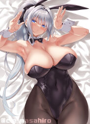 Rule 34 | 1girl, animal ears, armpits, bare shoulders, bed sheet, black bow, black bowtie, black leotard, blue eyes, blush, bow, bowtie, breasts, brown pantyhose, cle masahiro, cleavage, covered navel, curvy, detached collar, fake animal ears, grey hair, hand up, high ponytail, highleg, highleg leotard, highres, large breasts, leotard, long hair, looking at viewer, lying, narrow waist, on back, original, pantyhose, playboy bunny, rabbit pose, skindentation, solo, strapless, strapless leotard, thighs, undersized breast cup, wide hips, wing collar, wrist cuffs