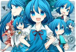 Rule 34 | &gt;:), circled 9, 1girl, :d, achi cirno, alternate color, alternate element, alternate hair color, alternate hair length, alternate hairstyle, amaya enaka, bad id, bad pixiv id, blue dress, blue eyes, blue hair, chibi, cirno, cosplay, detached sleeves, dress, dual persona, fang, fiery wings, finger to mouth, food, hakurei reimu, hakurei reimu (cosplay), hands on own hips, heart, long hair, multiple persona, neck ribbon, o3o, ofuda, open mouth, pointing, popsicle, ribbon, skirt, smile, tears, tentani, touhou, v-shaped eyebrows, wavy mouth, white sleeves, wings