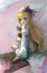 Rule 34 | 1girl, blonde hair, blue eyes, bow, capelet, fairy wings, faux traditional media, hand up, hat, hat bow, hiepita (1014), highres, lily white, long hair, long sleeves, looking at viewer, sitting, smile, solo, touhou, very long hair, wide sleeves, wings