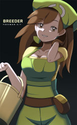 Rule 34 | 1girl, apron, breasts, brown eyes, brown hair, bucket, character name, cleavage, collarbone, commentary, copyright name, creatures (company), eyelashes, game freak, green apron, green headwear, head scarf, highres, long hair, nintendo, npc trainer, parted lips, pokemon, pokemon breeder (pokemon), pokemon xy, shirt, short sleeves, smile, solo, vivivoovoo, yellow shirt