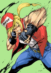 Rule 34 | 10ro, 1boy, baseball cap, belt, blonde hair, denim, fatal fury, fighting stance, fingerless gloves, gloves, hair down, hat, jacket, jeans, long hair, looking at viewer, male focus, muscular, pants, ponytail, punching, red vest, shirt, sleeveless, sleeveless shirt, snk, solo, tank top, terry bogard, the king of fighters, vest, yellow eyes