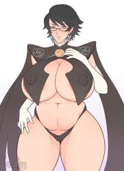 Rule 34 | 1girl, areola slip, bayonetta, bayonetta (series), bayonetta 2, belka dog, black hair, blue eyes, breasts, cleavage, covered erect nipples, curvy, female focus, glasses, huge breasts, large areolae, looking at viewer, parted lips, plump, short hair, solo, standing, thick thighs, thighs, wide hips