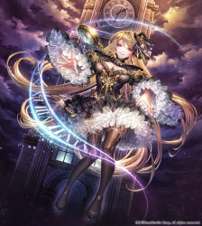 Rule 34 | 1girl, akkrs, blonde hair, clock, clock tower, company name, earrings, feathers, full body, gloves, gyakushuu no fantasica, hat, jewelry, long hair, nail polish, official art, red eyes, sky, solo, sparkle, thighhighs, tower, very long hair