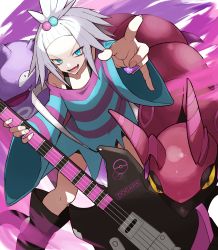 Rule 34 | 1girl, absurdres, arm up, bass guitar, black footwear, blue eyes, boots, commentary request, creatures (company), dress, fingernails, game freak, gen 1 pokemon, gen 5 pokemon, gym leader, hair bobbles, hair ornament, highres, holding, holding instrument, holding plectrum, huge filesize, instrument, koffing, looking at viewer, necro ro, nintendo, open mouth, plectrum, poke ball print, pokemon, pokemon (creature), pokemon bw2, roxie (pokemon), scolipede, spiked hair, striped clothes, striped dress, teeth, tongue, topknot, two-tone dress, white hair