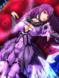 Rule 34 | 1girl, breasts, cleavage, cleavage cutout, clothing cutout, commentary request, dress, fate/grand order, fate (series), highres, large breasts, long hair, lying, on back, purple dress, purple hair, red eyes, scathach (fate), scathach skadi (fate), scathach skadi (second ascension) (fate), solo, tiara, tsuyukiworks, wand