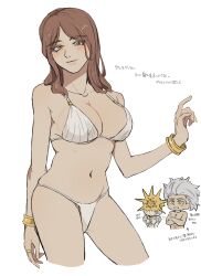 Rule 34 | 1girl, 2boys, absurdres, alternate costume, arm at side, bikini, blush, bracelet, breasts, brother and sister, brothers, brothers and sister, brown eyes, brown hair, cleavage, closed mouth, cropped torso, crossed arms, dark souls (series), dark souls i, dark souls iii, dark sun gwyndolin, gold, gold bracelet, grey bikini, grey hair, highres, jewelry, large breasts, long hair, multiple boys, nameless king, navel, queen of sunlight gwynevere, ring, siblings, smile, solo focus, swimsuit, translation request, upper body, zunkome
