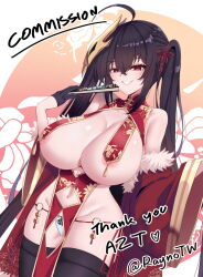 Rule 34 | 1girl, ahoge, areola slip, artist name, azur lane, bare shoulders, bird mask, black hair, black thighhighs, breast curtains, breastless clothes, breasts, chinese clothes, cleavage, clothing cutout, cowboy shot, crossed bangs, crotch cutout, curvy, dutch angle, english text, fan, gloves, hair between eyes, hair ornament, hair ribbon, highres, huge breasts, long hair, looking at viewer, mask, navel cutout, panties, parted lips, pelvic curtain, rayno, red eyes, revealing clothes, ribbon, shiny skin, smile, solo, standing, taihou (azur lane), thick thighs, thighhighs, thighs, twintails, underwear, very long hair, wide hips, wide sleeves