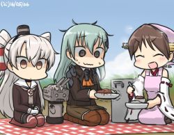 Rule 34 | 10s, 3girls, @ @, amatsukaze (kancolle), apron, aqua hair, ascot, bad food, blue sky, blush, brown dress, brown hair, brown legwear, commentary, curry, curry rice, dated, day, detached sleeves, dress, empty eyes, food, gloves, hair ornament, hairclip, hamu koutarou, head scarf, headgear, hiei (kancolle), kantai collection, long hair, multiple girls, nontraditional miko, outdoors, picnic, pot, rensouhou-kun, ribbon-trimmed sleeves, ribbon trim, rice, sailor dress, short hair, sky, smile, sparkle, suzuya (kancolle), sweat, thighhighs, trembling, two side up, white gloves