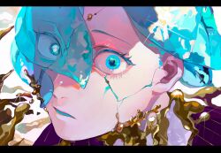 Rule 34 | 1other, androgynous, antarcticite, aqua eyes, blue hair, breaking, colored eyelashes, cracked skin, crystal hair, eye reflection, gem uniform (houseki no kuni), highres, houseki no kuni, liquid, looking at viewer, melting, molten metal, open mouth, other focus, phosphophyllite, reflection, solo, translucent hair, wide-eyed, xiaoxiaoguguzi