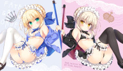 Rule 34 | 2girls, ahoge, ameto yuki, artist name, artoria pendragon (all), artoria pendragon (alter swimsuit rider) (fate), artoria pendragon (alter swimsuit rider) (second ascension) (fate), artoria pendragon (fate), ass, bare shoulders, bikini, black bow, black footwear, black legwear, black neckwear, black skirt, blonde hair, blue bikini, blue bow, blue jacket, blue neckwear, blue skirt, blush, bow, bowtie, braid, breasts, bridal garter, closed mouth, copyright name, crown, fate/grand order, fate (series), frilled skirt, frills, frown, green eyes, hair bow, hand on own chest, holding, jacket, long sleeves, looking at viewer, maid, maid bikini, maid headdress, mary janes, medium breasts, multiple girls, off shoulder, open clothes, open jacket, saber (fate), shoes, short hair, skirt, smile, swimsuit, symmetrical pose, thighhighs, thighs, unconventional maid, underboob, yellow eyes