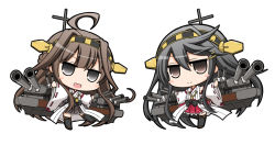 Rule 34 | 10s, 2girls, ahoge, black eyes, black hair, blush stickers, boots, brown eyes, brown hair, chibi, detached sleeves, hairband, haruna (kancolle), japanese clothes, kantai collection, kongou (kancolle), long hair, machinery, multiple girls, nejikirio, nontraditional miko, open mouth, personification, siblings, sisters, smile, thigh boots, thighhighs, turret, wide sleeves