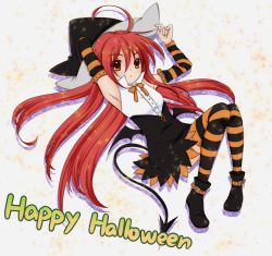 Rule 34 | 1girl, detached sleeves, female focus, halloween, halterneck, happy halloween, hat, lmo, long hair, patterned legwear, red eyes, red hair, shakugan no shana, shana, solo, striped clothes, striped thighhighs, tail, thighhighs, two-tone stripes, witch hat