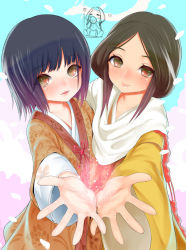 Rule 34 | 1boy, 1girl, black hair, blue sky, blush, cherry blossoms, closed mouth, divine child of rejuvenation, dragon, eastern dragon, from software, green eyes, japanese clothes, kimono, kuro the divine heir, looking at viewer, open hand, outstretched arm, parted lips, petals, sakuru, sekiro: shadows die twice, side-by-side, sky, smile, sparkle, upper body