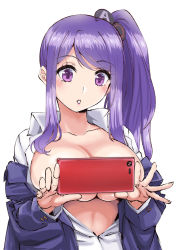 Rule 34 | 1girl, :o, blush, breasts, cellphone, character request, cleavage, collared shirt, copyright request, highres, holding, holding phone, ishii hisao, jacket, jacket partially removed, large breasts, lipstick, long hair, long sleeves, looking at phone, makeup, open clothes, open shirt, parted lips, phone, pink lips, purple eyes, purple hair, purple jacket, selfie, shirt, side ponytail, simple background, smartphone, solo, taking picture, upper body, virtual youtuber, white background, wing collar