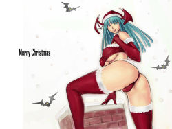 Rule 34 | 1girl, ark (morita hitomi), ass, bat (animal), breasts, capcom, chimney, christmas, covered erect nipples, demon girl, elbow gloves, english text, female focus, fur-trimmed gloves, fur-trimmed headwear, fur-trimmed legwear, fur trim, gloves, green eyes, green hair, hat, head wings, large breasts, long hair, looking at viewer, matching hair/eyes, merry christmas, morrigan aensland, panties, red gloves, red panties, red thighhighs, santa costume, santa hat, smile, solo, thighhighs, thong, underboob, underwear, vampire (game), wallpaper, wings
