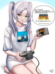Rule 34 | 1girl, caiman pool, commentary, controller, doom (series), doom 64, elf, english commentary, english text, frieren, game cartridge, game controller, green eyes, grey hair, highres, holding, holding controller, holding game cartridge, holding game controller, long hair, nintendo 64 controller, open mouth, pointy ears, seiza, sitting, solo, sousou no frieren, twintails, weezer (band)