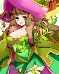 Rule 34 | 1girl, bad id, bad pixiv id, blush, braid, breasts, brown hair, cleavage, coat, dress, fur trim, gloves, green dress, green gloves, hair ornament, hat, holding, large breasts, leeza (p&amp;d), lisa (p&amp;d), long hair, long sleeves, mole, orange eyes, plant, puzzle &amp; dragons, solo, staff, twin braids, very long hair, vines, witch hat, yamanashi taiki