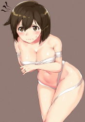 Rule 34 | 10s, 1girl, bandages, blush, breast hold, breasts, brown eyes, brown hair, cleavage, embarrassed, hair between eyes, hiryuu (kancolle), jewelry, kantai collection, large breasts, leaning forward, looking at viewer, naked bandage, navel, poco (backboa), ring, short hair, simple background, solo, standing, sweatdrop