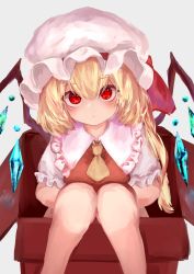 Rule 34 | 1girl, absurdres, ascot, blonde hair, blush, box, breasts, closed mouth, collared shirt, crystal, dress, eyes visible through hair, flandre scarlet, frills, grey background, hair between eyes, hat, hat ribbon, highres, jewelry, looking at viewer, medium breasts, mob cap, multicolored wings, one side up, puffy short sleeves, puffy sleeves, r utchi, red dress, red eyes, red ribbon, ribbon, shirt, short hair, short sleeves, simple background, sitting, solo, touhou, white hat, white shirt, wings, yellow ascot