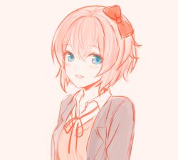 Rule 34 | 1girl, blue eyes, bow, commentary, doki doki literature club, grey jacket, hair bow, jacket, long sleeves, looking at viewer, orange vest, pink hair, red bow, red ribbon, ribbon, sayori (doki doki literature club), school uniform, short hair, smile, symbol-only commentary, tb (spr1110), vest