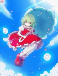 Rule 34 | 1girl, antenna hair, ascot, cloud, collared shirt, commentary, earrings, floating, flower, frilled shirt collar, frilled skirt, frills, full body, green hair, hair between eyes, hand up, highres, holding, holding umbrella, jewelry, kazami yuuka, looking at viewer, open clothes, open vest, outdoors, parasol, plaid, plaid skirt, plaid vest, puffy short sleeves, puffy sleeves, red eyes, red footwear, red skirt, red vest, shirt, shoes, short hair, short sleeves, skirt, skirt set, sky, smile, socks, solo, split mouth, t0fusan, touhou, umbrella, vest, white shirt, white socks, yellow ascot