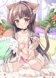 Rule 34 | 1girl, animal ear fluff, animal ears, bandaid, bandaids on nipples, bell, between legs, black choker, bow, bow panties, breasts, brown eyes, brown hair, brown jacket, cat ears, cat girl, cat tail, choker, closed mouth, commentary request, drawstring, fish hair ornament, flower, frilled pillow, frills, fur-trimmed legwear, fur trim, hair ornament, hand between legs, highres, hood, hood down, hooded jacket, hugging object, jacket, jingle bell, long hair, looking at viewer, navel, neck bell, neko pan, no shoes, off shoulder, open clothes, open jacket, original, panties, pasties, pillow, pink panties, polka dot, polka dot panties, purple flower, red flower, small breasts, smile, solo, striped clothes, striped thighhighs, stuffed animal, stuffed cat, stuffed toy, tail, thighhighs, underwear, very long hair, white flower