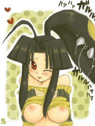 Rule 34 | 1girl, ahoge, black hair, blush, breasts, clothes lift, creatures (company), game freak, gen 3 pokemon, mawile, nintendo, one eye closed, personification, pokemon, red eyes, saliva, shirt lift, wink