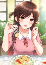 Rule 34 | 1girl, absurdres, blush, breasts, brown eyes, brown hair, character name, collarbone, collared shirt, commentary request, cup, food, fork, glass table, happy birthday, highres, holding, holding fork, incoming food, indoors, kanojo okarishimasu, large breasts, long hair, looking at viewer, mizuhara chizuru, open mouth, pink shirt, plant, red neckwear, red ribbon, restaurant, ribbon, shirt, short sleeves, smile, solo, table, tea, teacup, teeth, upper teeth only, yukiunag1