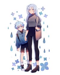 Rule 34 | 1boy, 1girl, age difference, ahoge, alternate costume, aunt and nephew, black bag, black footwear, black pants, black shirt, blue eyes, blue flower, blue hair, blue hoodie, breasts, casual, chongyun (genshin impact), closed mouth, collared shirt, colored eyelashes, ears visible through hair, expressionless, eyebrows, eyelashes, eyes visible through hair, flower, genshin impact, grey sweater, hair over one eye, high heels, highres, holding hands, hood, hoodie, irkg gi, jitome, long sleeves, looking at viewer, looking away, medium hair, pants, parted lips, puffy short sleeves, puffy sleeves, shenhe (genshin impact), shirt, shoes, short-sleeved sweater, short sleeves, silver hair, standing, sweater, tall female, water drop, white background, white legwear