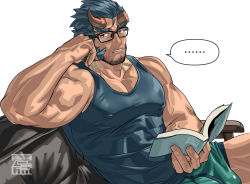 Rule 34 | ..., 1boy, bara, bare shoulders, beard, biceps, black-framed eyewear, blue hair, blue tank top, book, boxer briefs, broken horn, bulge, couch, covered abs, covered erect nipples, dark blue hair, demon boy, demon horns, elbow rest, facial hair, fang, fiery horns, glasses, green male underwear, holding, holding book, horns, long sideburns, looking at viewer, male focus, male underwear, mature male, monmonhomon, muscular, muscular male, on couch, open book, pectoral cleavage, pectorals, red eyes, short hair, sideburns, sidepec, solo, stubble, takemaru (housamo), tank top, thick eyebrows, tokyo houkago summoners, underwear, veins