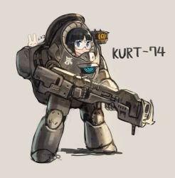 Rule 34 | 1girl, armor, black hair, blue eyes, blush stickers, closed eyes, copyright request, goggles, grey background, highres, holding, holding weapon, looking at viewer, power armor, rabbit, simple background, sleeping, smile, solo, sookmo, standing, weapon, zzz
