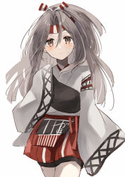 Rule 34 | 1girl, blush, brown eyes, closed mouth, cowboy shot, hachimaki, hatomaru (hatomaru56), headband, high ponytail, japanese clothes, kantai collection, kimono, light brown hair, long hair, looking at viewer, muneate, red shorts, shorts, simple background, sleeves past fingers, sleeves past wrists, smile, solo, white background, white kimono, zuihou (kancolle)