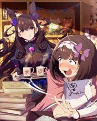 Rule 34 | 2girls, ahoge, arm warmers, black dress, book, book stack, bookshelf, bow, breasts, brown hair, character doll, cloak, coffee cup, commentary request, cone hair bun, cup, disposable cup, double bun, dress, embarrassed, fate/grand order, fate (series), hair bow, hair bun, hair ornament, hairband, holding, holding notebook, holding tray, kiyohime (fate), large breasts, light smile, long hair, migi12hidari8, multiple girls, murasaki shikibu (fate), notebook, open mouth, osakabehime (fate), pink cloak, poster (medium), poster (object), prince of lan ling (fate), puffy sleeves, purple bow, purple eyes, shuten douji (fate), surprised, sweatdrop, tamamo (fate), tamamo cat (fate), tamamo no mae (fate/extra), tray, two side up, very long hair