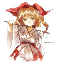 Rule 34 | 1girl, blonde hair, blonde shrine maiden from a future era (touhou), bow, brown eyes, closed mouth, facing viewer, gohei, hair bow, half-closed eyes, highres, japanese clothes, kozumi (tokuni naitteba), miko, squinting, touhou