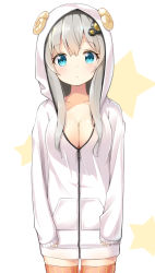 Rule 34 | 1girl, :&lt;, animal hood, aqua eyes, blush, breasts, cleavage, cloak, closed mouth, collarbone, commentary request, cowboy shot, grey hair, hair ornament, hood, hooded cloak, hooded jacket, jacket, kizuna akari, large breasts, long hair, long sleeves, looking at viewer, no bra, ominaeshi (takenoko), orange thighhighs, pocket, sleeves past wrists, solo, star (symbol), starry background, striped clothes, striped thighhighs, thighhighs, vertical-striped clothes, vertical-striped thighhighs, vocaloid, voiceroid, white background, zipper, zipper pull tab