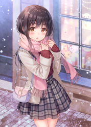 Rule 34 | 1girl, :o, absurdres, bag, blush, breasts, breath, brown eyes, brown hair, building, coat, commentary request, cowboy shot, enpera, fringe trim, fukahire (ruinon), grey coat, grey skirt, handbag, high-waist skirt, highres, long hair, long sleeves, looking at viewer, medium breasts, open clothes, open coat, open mouth, original, outdoors, pink scarf, plaid, plaid skirt, red sweater, ribbed sweater, scarf, shoulder bag, skirt, sleeves past wrists, snow, snowing, solo, standing, sweater, tareme, window, winter