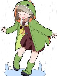 Rule 34 | 1girl, animal hood, ankle boots, blunt bangs, blush, boots, braid, brown dress, brown hair, center-flap bangs, closed eyes, coat, commentary, dinosaur hood, dress, full body, green coat, green footwear, hashtag-only commentary, hasu no sora school uniform, highres, hood, kachimachi kosuzu, leaning forward, link! like! love live!, liz (piyoko piyop), long hair, long sleeves, love live!, medium dress, neckerchief, open clothes, open coat, open mouth, outstretched arms, pleated dress, puddle, rain, raincoat, sailor collar, sailor dress, school uniform, side braids, smile, solo, standing, virtual youtuber, white background, white sailor collar, winter uniform, yellow neckerchief