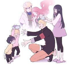 Rule 34 | 3boys, 3girls, armband, barefoot, blonde hair, brother and sister, closed eyes, facial mark, family, father and daughter, father and son, forehead protector, gift, happy, highres, husband and wife, kneeling, long hair, mother and daughter, multiple boys, multiple girls, namikaze minato, naruto: the last, naruto (series), on one knee, open mouth, parent and child, siblings, slippers, smile, spiked hair, ting, toeless legwear, uzumaki boruto, uzumaki himawari, uzumaki kushina, uzumaki naruto, whisker markings