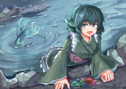 Rule 34 | 1girl, :d, blue eyes, blue hair, blue nails, blush, commentary, drill hair, fingerless gloves, fins, fish tail, frilled kimono, frills, gloves, green kimono, head fins, highres, japanese clothes, kimono, long sleeves, looking at viewer, medium hair, mermaid, monster girl, nail polish, obi, open mouth, partially submerged, red ribbon, ribbon, ripples, rock, sash, smile, taguno, tail, touhou, wakasagihime, water, wide sleeves