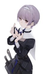 Rule 34 | 1girl, 3:, closed mouth, facing away, fingernails, hair intakes, hair ornament, hairclip, hands up, highres, juliet sleeves, long sleeves, original, puffy sleeves, purple eyes, purple hair, scabbard, scar, sheath, short hair, simple background, solo, white background, yoshikyuu