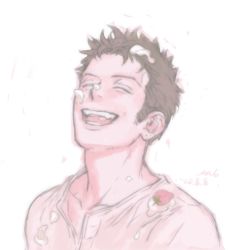 Rule 34 | 1boy, ^ ^, closed eyes, cream, cream on face, dated, food, food on face, fruit, green hair, happy, highres, male focus, no.6 (numberr 6), one piece, roronoa zoro, scar, scar across eye, shirt, short hair, smile, solo, strawberry, upper body, white shirt