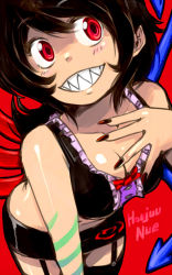 Rule 34 | 1girl, adapted costume, alternate costume, asymmetrical wings, black hair, breasts, brown hair, cleavage, fangs, female focus, garter straps, grin, houjuu nue, midriff, nail polish, open mouth, oso (toolate), red eyes, sharp teeth, short hair, smile, solo, tattoo, teeth, thighhighs, touhou, wings