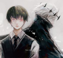 Rule 34 | 2boys, anniversary, black cloak, black hair, black vest, blue eyes, brown hair, cloak, closed mouth, collared shirt, commentary request, copyright name, crown, dual persona, grey hair, grey shirt, kaneki ken, looking at viewer, looking down, male focus, multicolored hair, multiple boys, necktie, numbered, red eyes, shirt, short hair, straw like, tokyo ghoul, tokyo ghoul:re, two-tone hair, upper body, vest, waiter