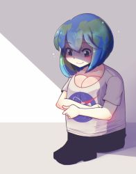 Rule 34 | 1girl, absurdres, artist request, blue hair, blush, breast conscious, brown eyes, earth-chan, full body, green hair, highres, hugging own legs, knee boobs, looking down, multicolored hair, onee-chan no te wo totte, original, shaded face, short hair, sitting, smile, solo, tears