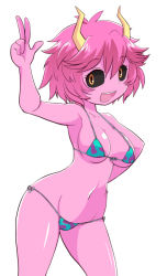 Rule 34 | 10s, 1girl, :d, armpits, ashido mina, bikini, black sclera, boku no hero academia, breasts, collarbone, colored sclera, colored skin, cowboy shot, groin, hand on own hip, horns, navel, nollety, open mouth, pink hair, pink skin, purple skin, short hair, side-tie bikini bottom, sideboob, simple background, smile, solo, swimsuit, thighs, underboob, w, white background, yellow eyes