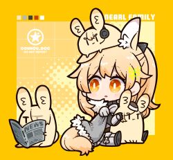 Rule 34 | 1girl, 3others, animal ears, animalization, arknights, artist name, blemishine (arknights), blonde hair, bright pupils, cape, chibi, color guide, commentary, dog-san, english commentary, english text, fur-trimmed cape, fur trim, gauntlets, grey cape, headset, highres, horse ears, horse girl, horse tail, long hair, looking to the side, mlynar (arknights), multiple others, nearl (arknights), newspaper, parted lips, rabbit, reading, signature, simple background, tail, watermark, whislash (arknights), white pupils, yellow background, yellow eyes, | |